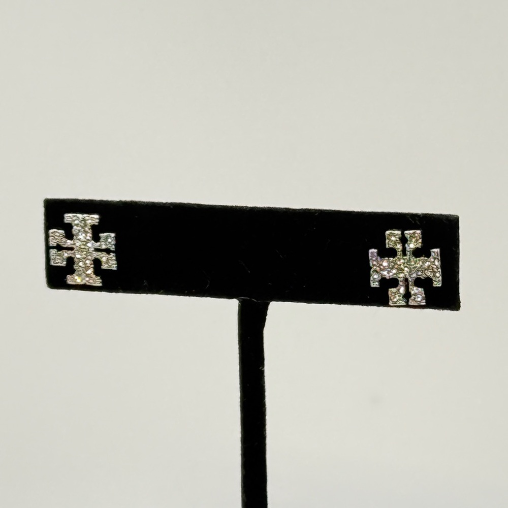 Tory Burch Silver Logo Crystal Stud Earrings ✨ - Picture 2 of 3